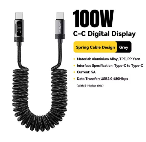 Cablu încărcător auto spiralat USB-C la USB-C, negru 1.2m 60W