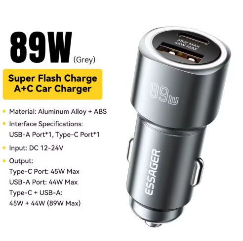 Universal billaddare USB-A + USB-C, Grå 89W - Biluttag 12V