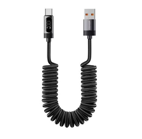 Spiralinis automobilio įkroviklio laidas USB-A į USB-C, juodas, 1,8 m, 100 W