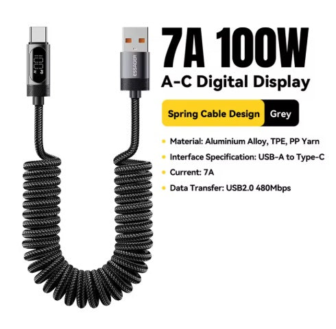 Spiralinis automobilio įkroviklio laidas USB-A į USB-C, juodas, 1,8 m, 100 W