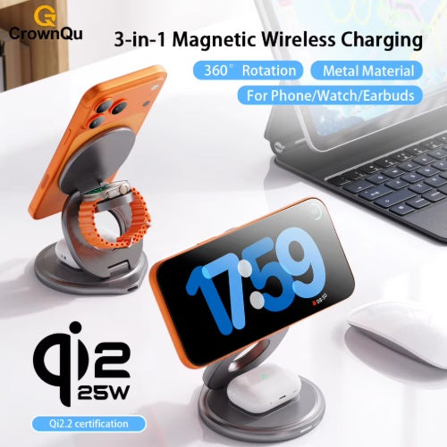 Þráðlaus hleðslustöð 3 í 1, Qi2 (iOS) 25W – Grár