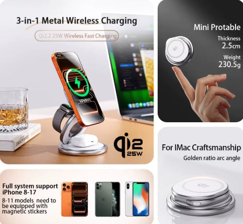Þráðlaus hleðslustöð 3 í 1, Qi2 (iOS) 25W – Grár