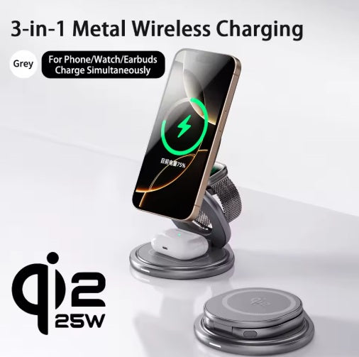 Þráðlaus hleðslustöð 3 í 1, Qi2 (iOS) 25W – Grár