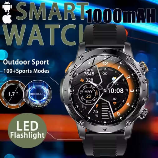 AK87 Smart Watch with black case and silicone strap showcasing outdoor sports modes and LED flashlight features.