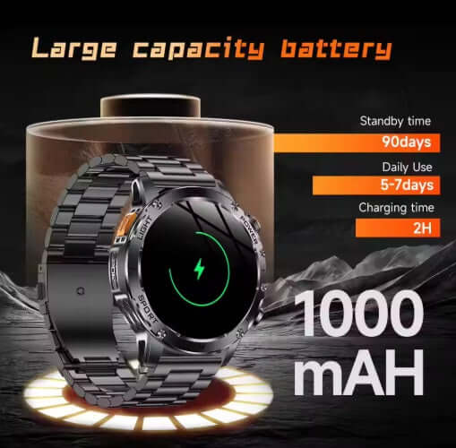 AK87 Smart Watch featuring a large capacity 1000 mAh battery, highlighting standby and daily use times.