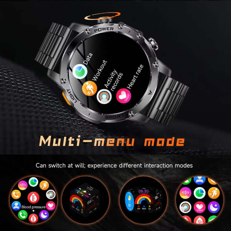 AK87 Smart Watch displaying multi-menu mode with various health and activity functions.