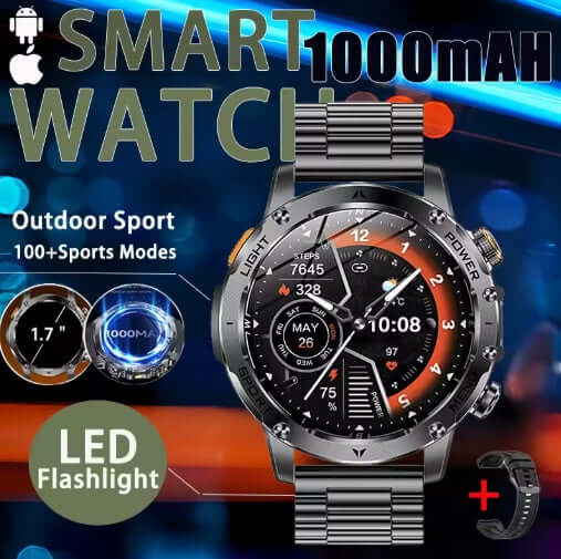 AK87 Smart Watch featuring a rugged design, 1000mAh battery, and various sports modes for outdoor activities.
