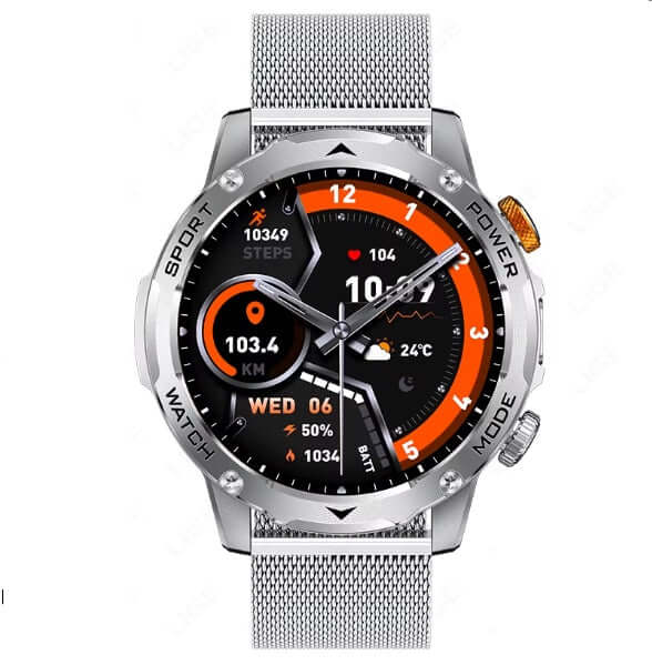 AK87 Smart Watch with silver case and mesh bracelet, featuring fitness tracking and HD display.
