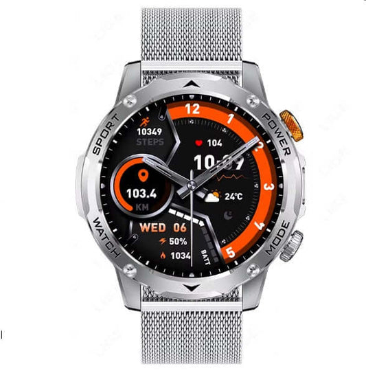 AK87 Smart Watch with silver case and mesh bracelet, featuring fitness tracking and HD display.