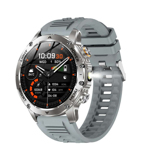 AK87 Smart Watch with silver case and gray silicone strap displaying health metrics and time
