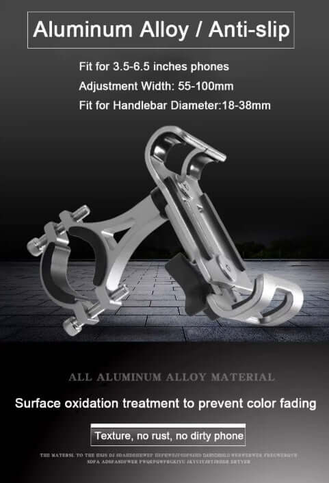 Aluminum alloy anti-slip phone holder for bicycles and motorcycles, fits 3.5-6.5 inch phones, adjustable width.