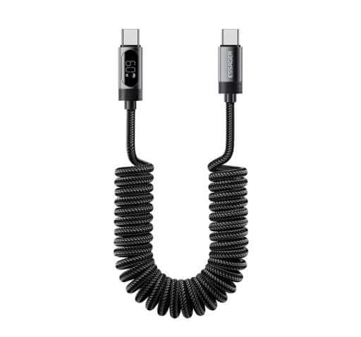 Coiled USB-C to USB-C car charger with Spiral Cable design, 1.2m length, supports 60W Power Delivery, black color.