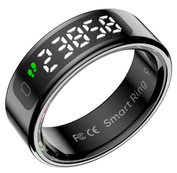 Colmi R12 Smart Ring - Black displaying health stats on the digital screen, highlighting innovative smart ring design.