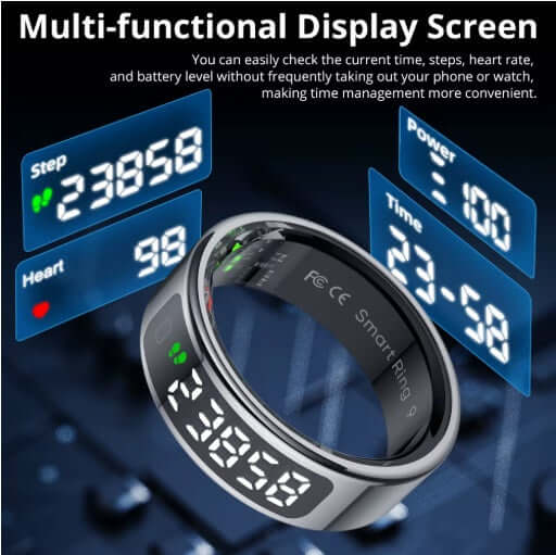 Colmi R12 Smart Ring - Silver showing multi-functional display screen for health stats like steps, heart rate, and time.