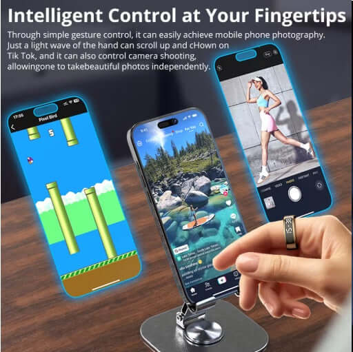 User demonstrating features of the Colmi R12 smart ring, controlling mobile apps with gesture control.