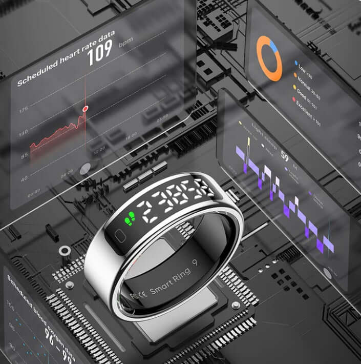 Colmi R12 Smart Ring displaying health stats on an innovative interface, showcasing its features as a smart ring.