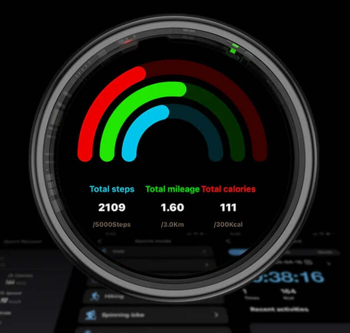 Colmi R12 Smart Ring display showing total steps, mileage, and calories for health tracking.