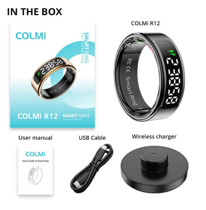 Colmi R12 Smart Ring in the box with user manual, USB cable, and wireless charger.