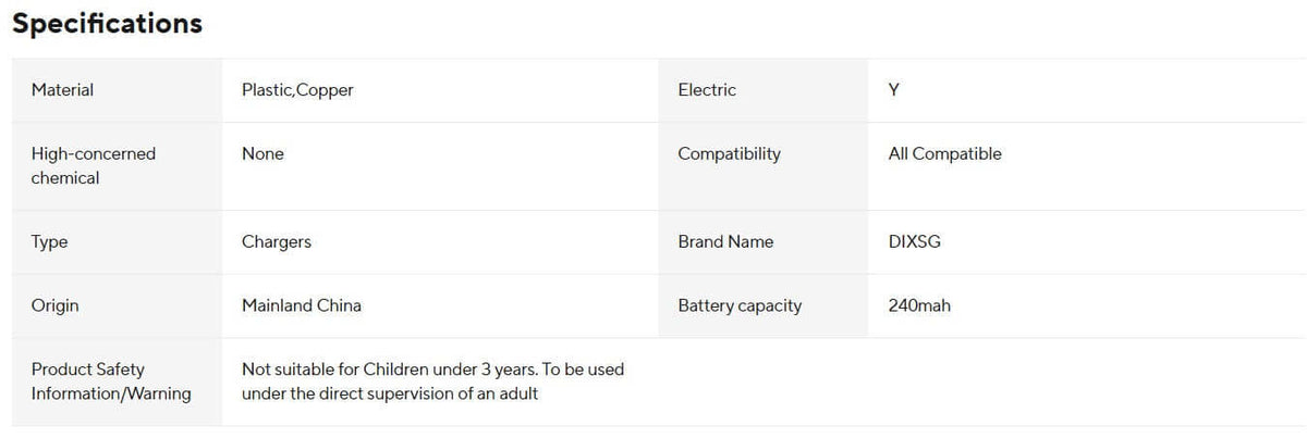Specifications table for Dixsg Universal Charger for Smart Rings, detailing materials and compatibility information.