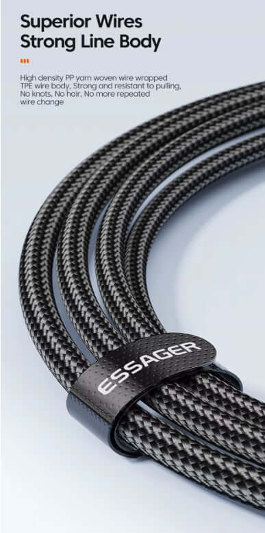 Universal Charging Cable strong line body with superior wires by ESSAGER for durability and fast charging.