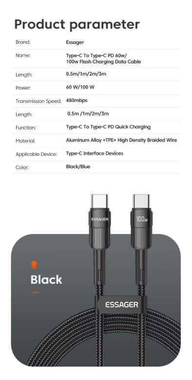 Universal Charging Cable 100W USB-C to USB-C in Black/Blue, 2.0 m for fast charging and high durability.