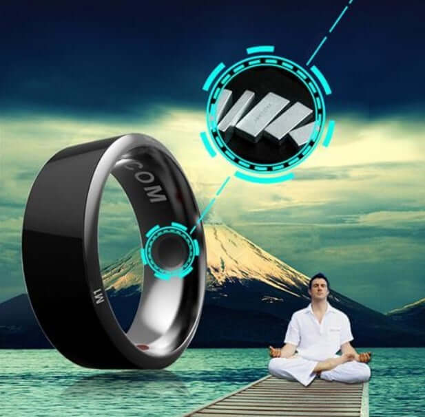 Jakcom R3 Smart Ring in black showcased with a meditating man, highlighting its smart features and technology.