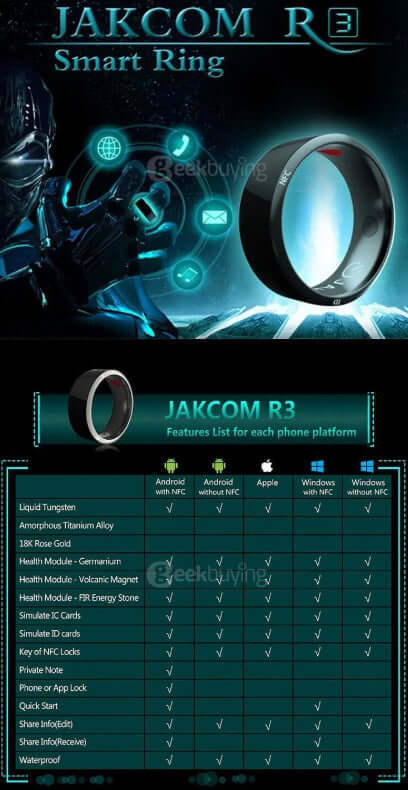 Jakcom R3 Smart Ring - Black features list and specifications for smart ring compatibility with various platforms.