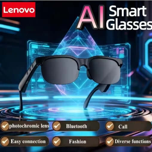 Lenovo AI Smart Glasses with photochromic lens and Bluetooth, showcasing futuristic design and functionality.