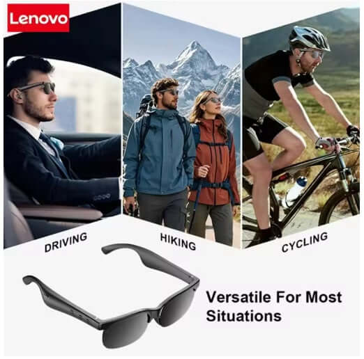 Lenovo 6K AI Glasses showcasing versatility for driving, hiking, and cycling with stylish design and black lenses.
