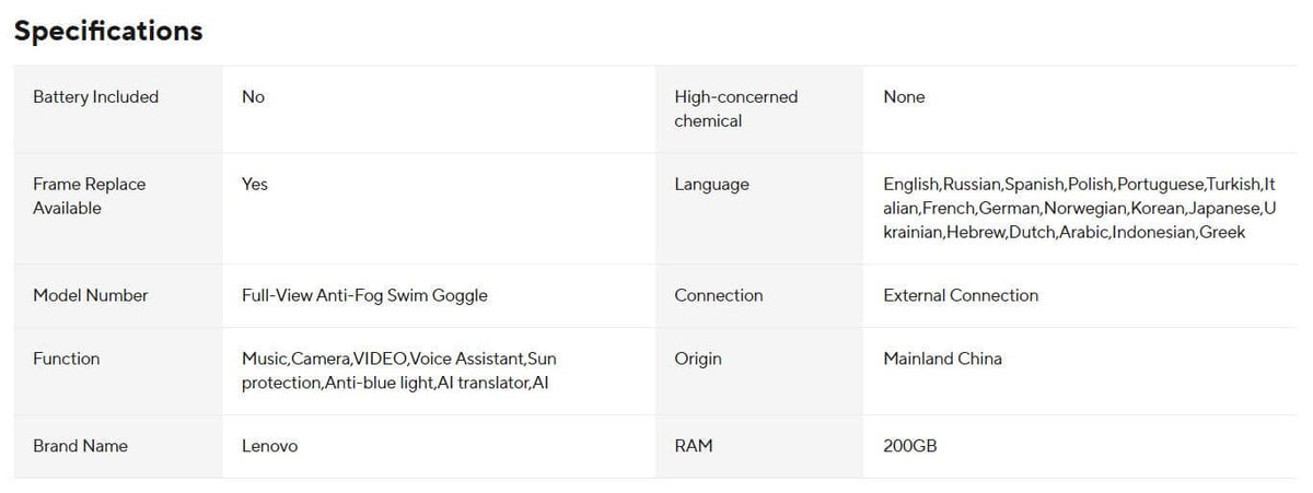 Specifications table for Lenovo 6K AI Glasses including model number, function, and brand name.