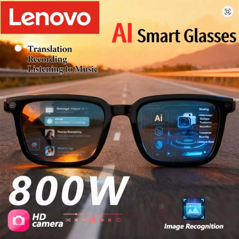 Lenovo AI Smart Glasses with HD camera, displaying features like translation and music listening on a road.