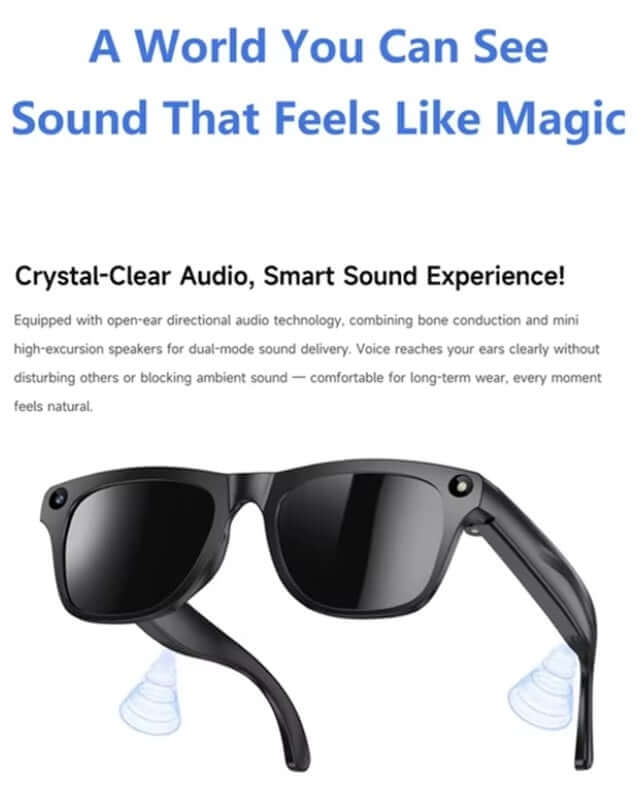 Glasses with open-ear audio technology for a crystal-clear sound experience.
