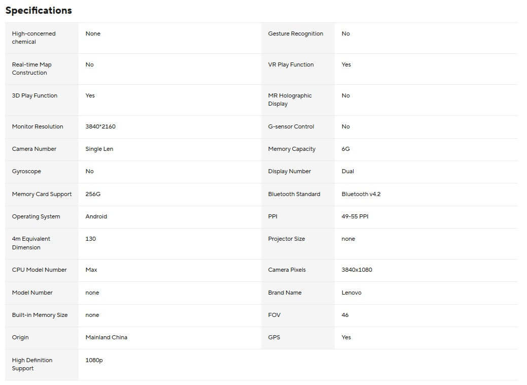 Specifications table for Lenovo 8K AI Smart Glasses, detailing features like resolution and memory capacity.