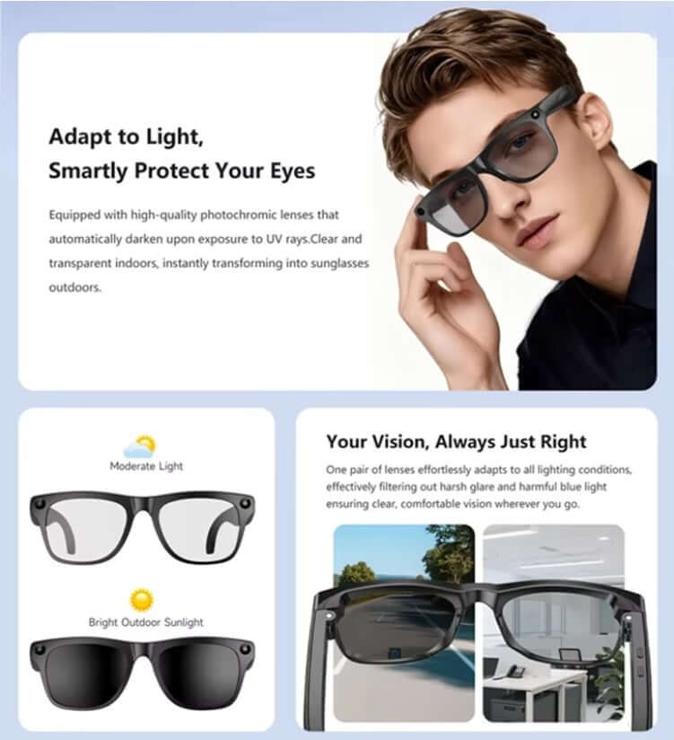 Lenovo 8K AI Smart Glasses with photochromatic lenses adapting to light outdoors.