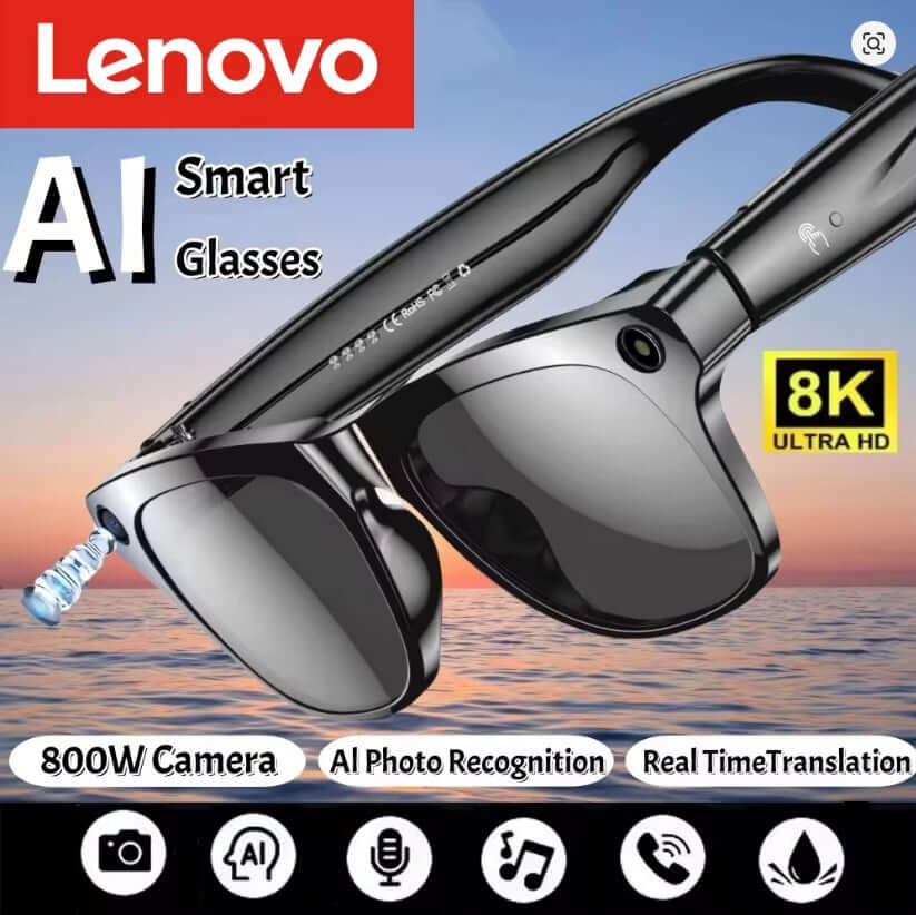 Lenovo 8K AI Smart Glasses with 800W camera and AI features in a stylish design near water backdrop.