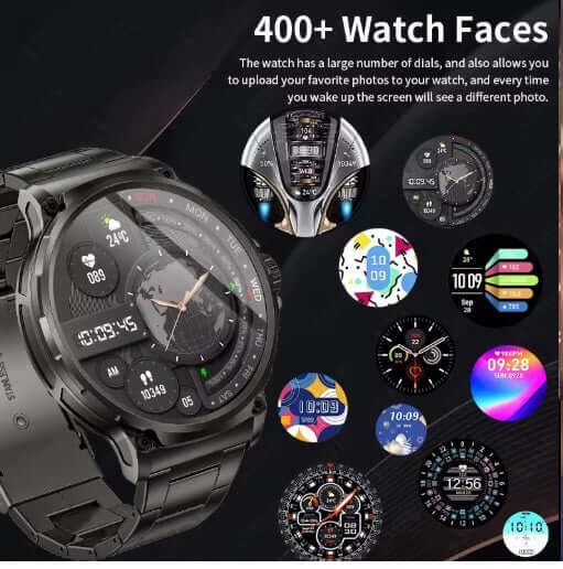 Smart Watch with 400+ customizable watch faces showcasing various designs and features.