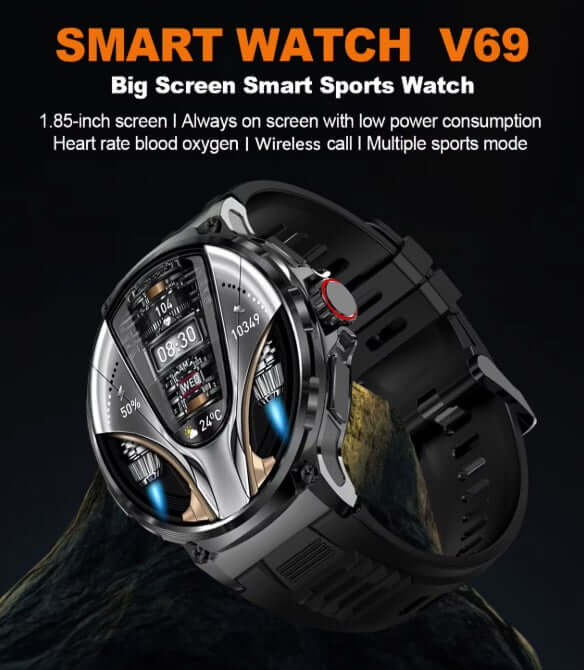 Smart Watch V69 with 1.85-inch display, heart rate monitor, and multiple sports mode features.