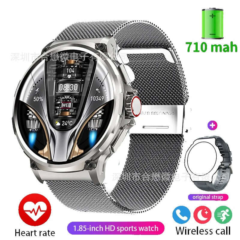 Lige BW0657 Smart Watch with silver case, silver textile bracelet, heart rate monitor, and 1.85-inch display.