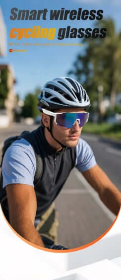 Smart wireless sports glasses worn by a cyclist on a road, designed for outdoor activities.