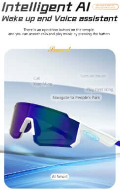 Lige Pro 1 AI Sports Glasses with white frames and blue lenses showcasing intelligent voice assistant features.