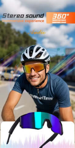 Man wearing Lige Pro 1 AI Sports Glasses with white frames and blue lenses, cycling outdoors.