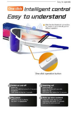 Lige Pro 1 AI Sports Glasses with white frames and blue lenses showcasing one-click intelligent control features.