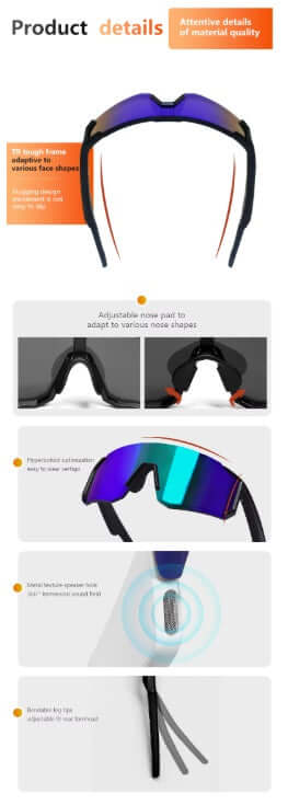 Product details of Lige Pro 1 AI Sports Glasses featuring UV protection and adjustable frame shapes.