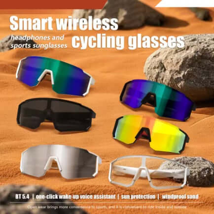 Smart wireless cycling sports glasses featuring various color lenses for sports activities, highlighting modern technology and sun protection.