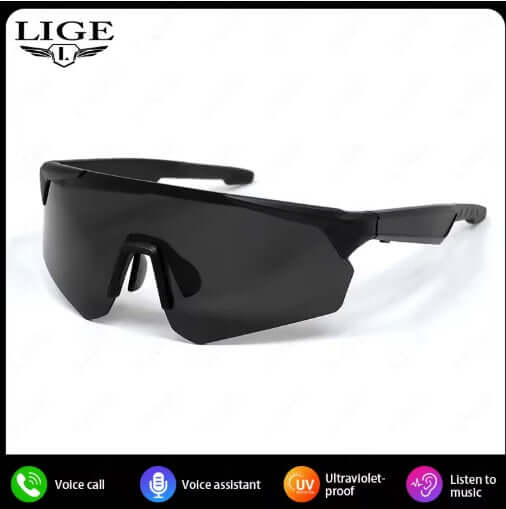 Lige Pro 2 AI sports glasses with polarized black lenses and frames for sports activities.