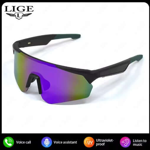 Lige Pro 2 AI sports glasses with black frames and purple lenses for sports and outdoor activities.