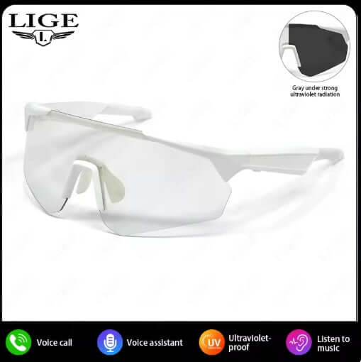 Lige Pro 2 AI Sports Glasses with white frames and light gray polarized lenses for active outdoor use.