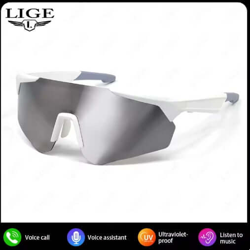 Lige Pro 2 AI Sports Glasses with white frames and silver lenses, featuring voice control and UV protection.