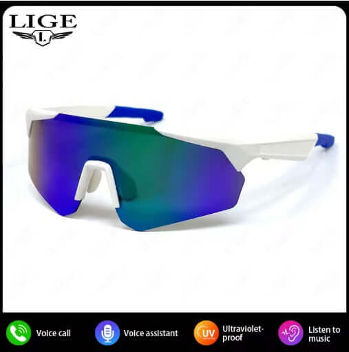 Lige Pro 2 AI Sports Glasses with white frames and blue polarized lenses for outdoor activities.