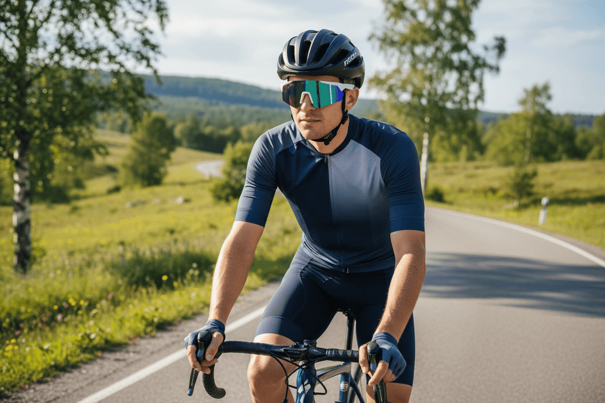 Athlete wearing Lige Pro 2 AI sports glasses with white frames and blue lenses cycling on a scenic road.